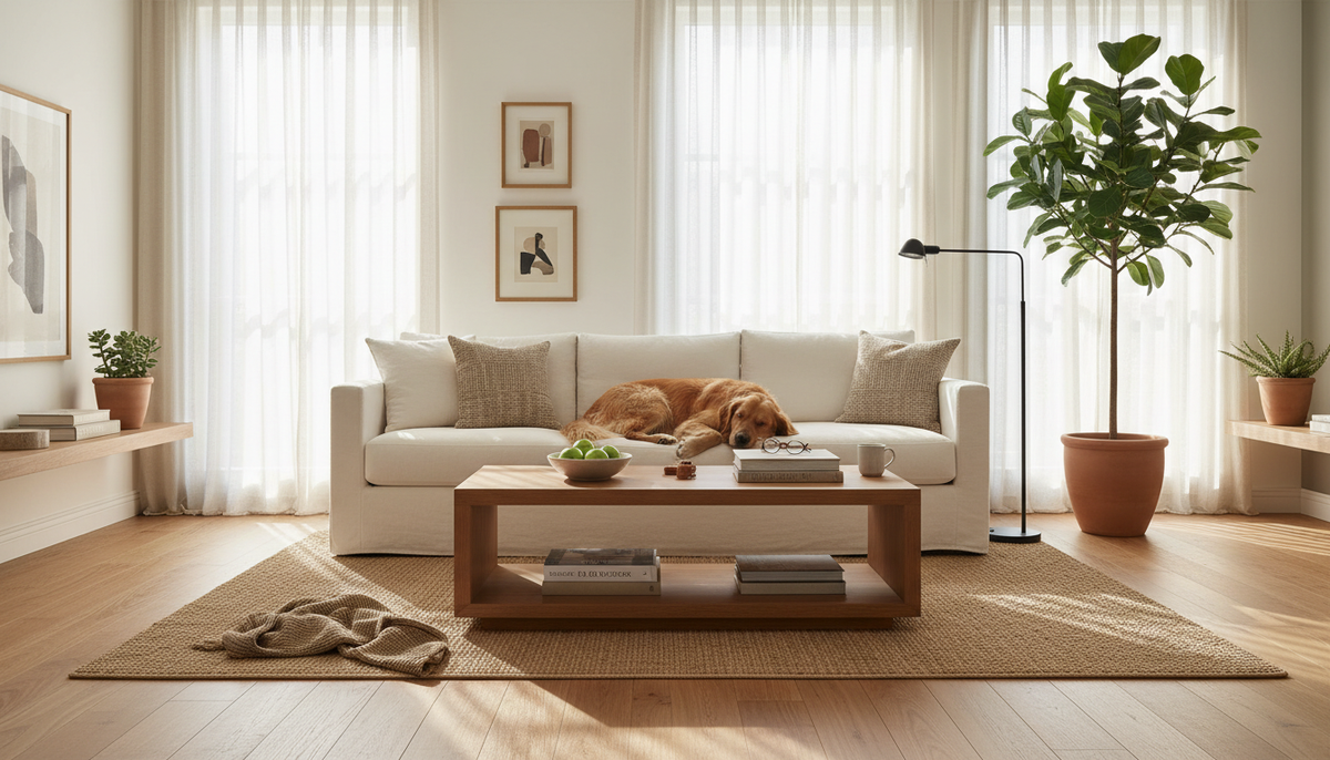 Golden retriever resting on a cream sofa in a calm, modern living room