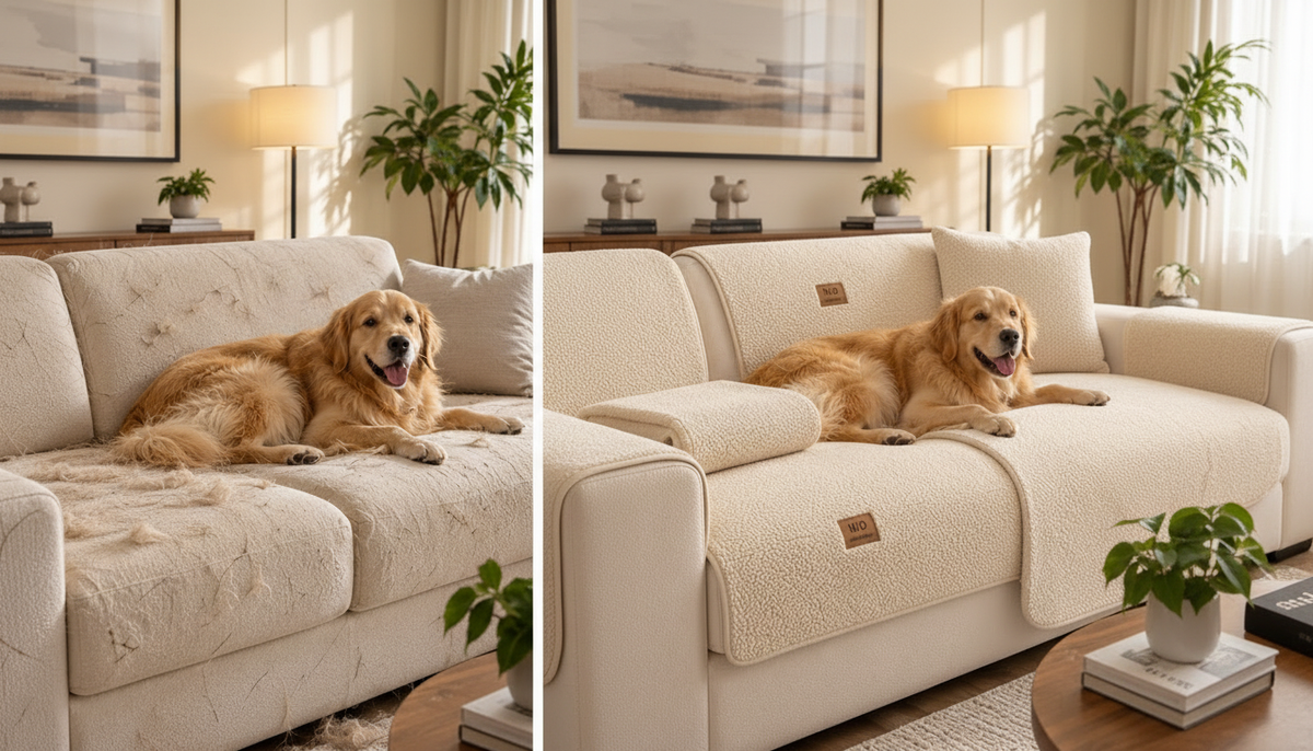 Before and after: the same sofa without and with a white Fur & Haven SofaShield cover, with a golden retriever