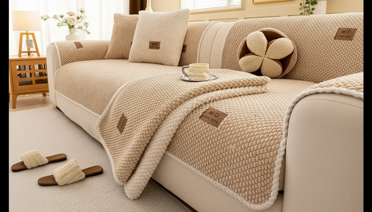 Fur & Haven SofaShield furniture protector in Coffee on a cream sofa