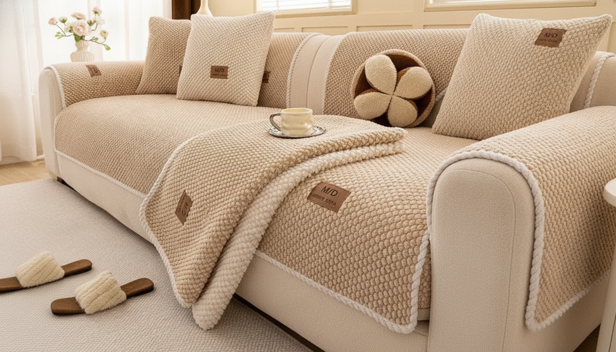 Coffee Fur & Haven SofaShield covers on a cream sofa in a bright living room