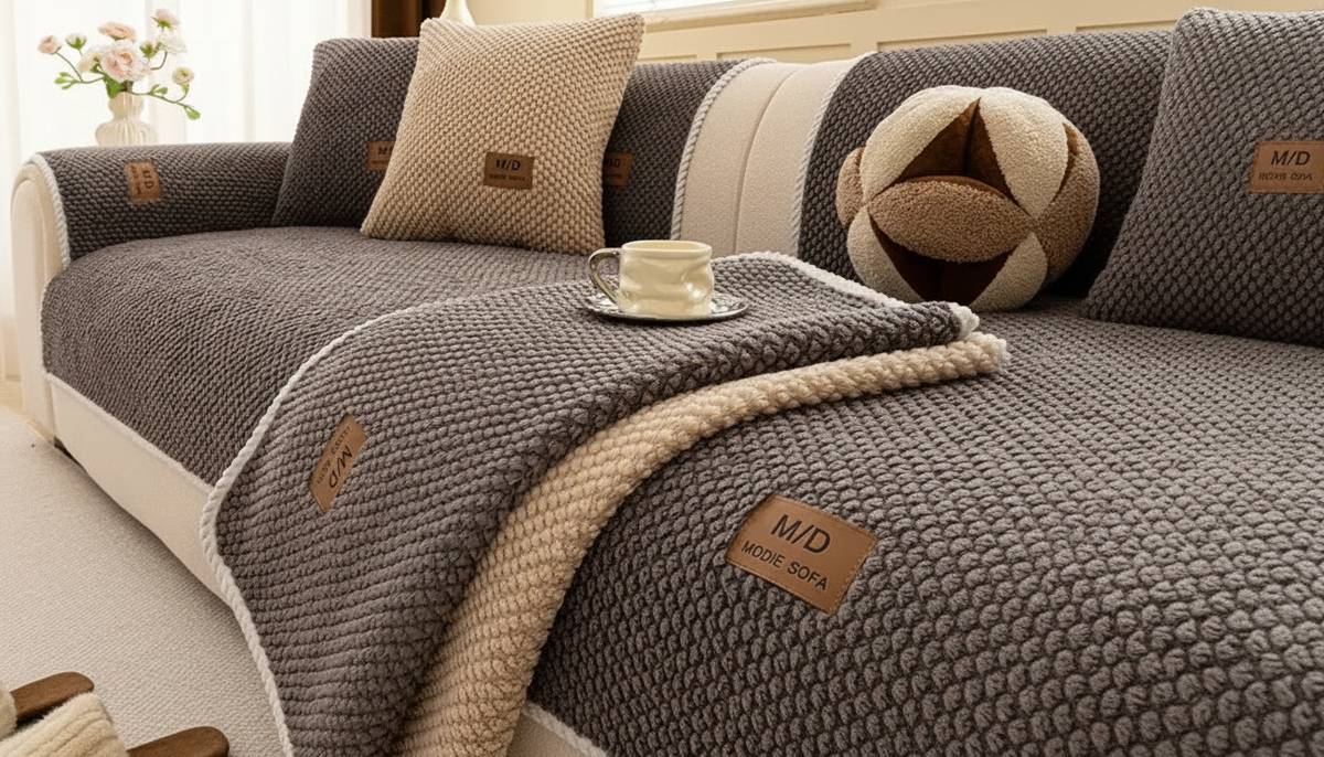 Fur & Haven SofaShield furniture protector in Gray on a cream sofa
