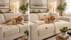 Before and after: the same sofa without and with a white Fur & Haven SofaShield cover, with a golden retriever