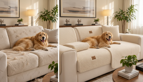 Before and after: the same sofa without and with a white Fur & Haven SofaShield cover, with a golden retriever