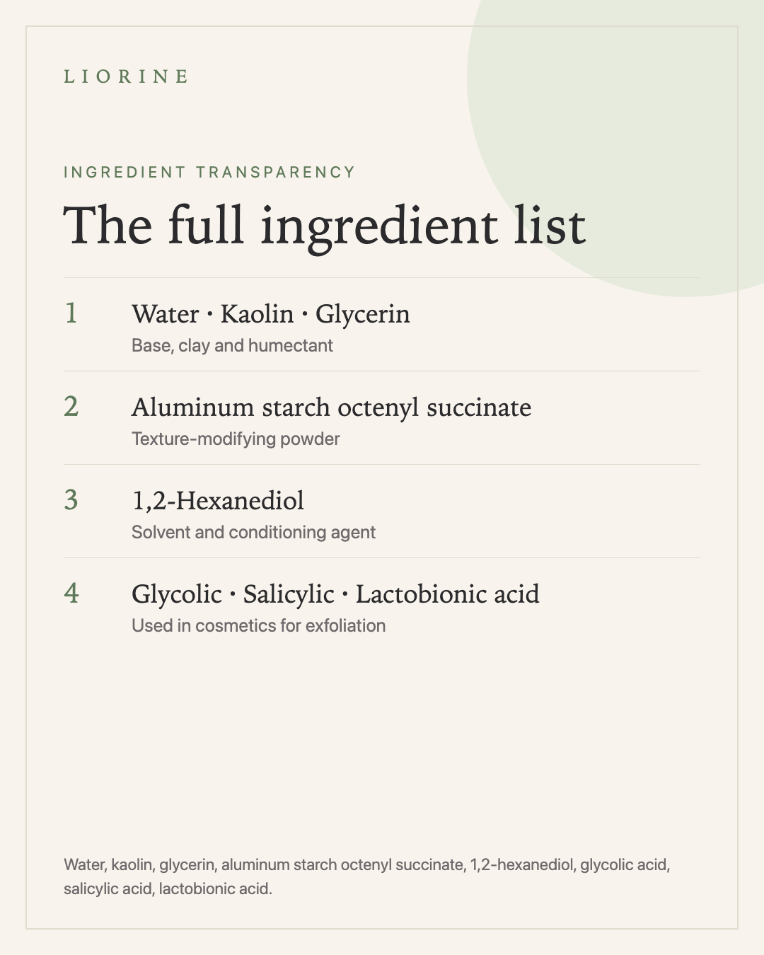 Liorine illustration: the full ingredient list for the clay mask stick