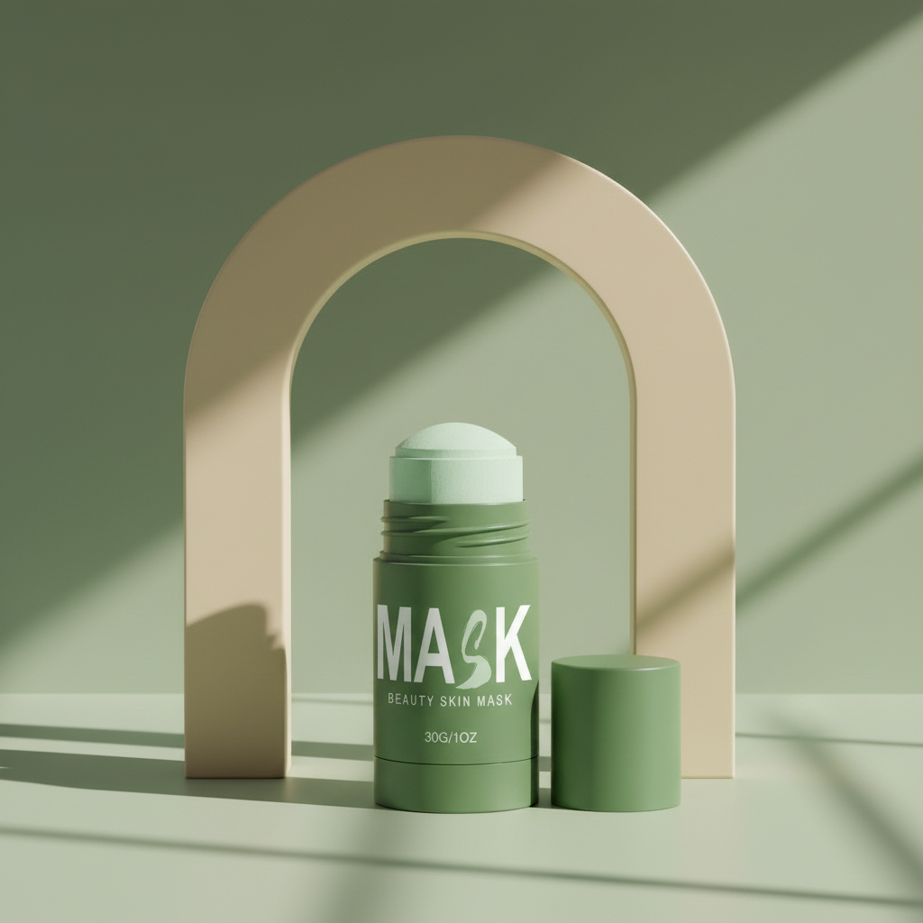 Illustrative render of the clay mask stick beside a sculptural arch