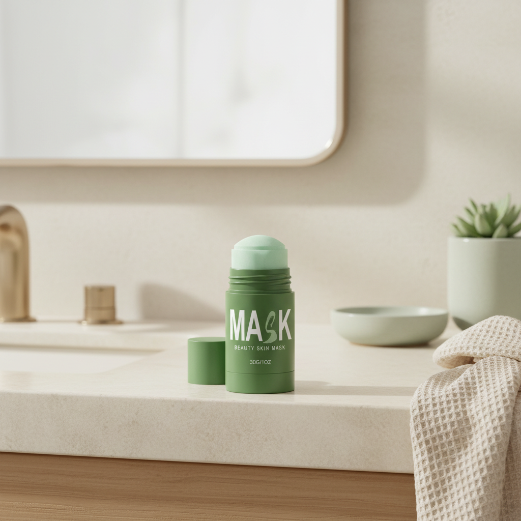 Illustrative render of the clay mask stick on a bathroom counter
