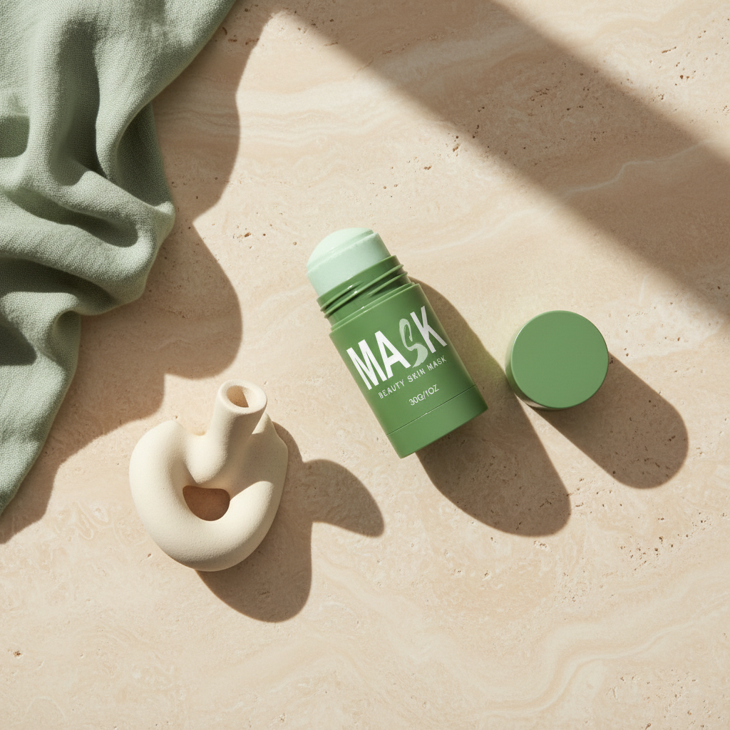 Illustrative render of the clay mask stick with its cap beside it on a stone surface