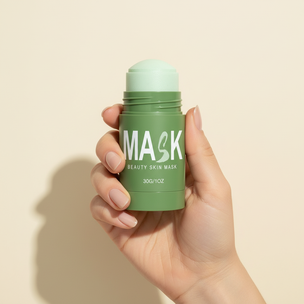 Illustrative render of a hand holding the clay mask stick